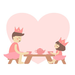Father and daughter playing tea party. Cute Little girl and dad in pink skirt.Happy father’s day card. Family time. play together.