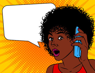 Vector illustration of pop art comic style. African American woman shocked. The woman opened her mouth in amazement. The girl is holding the phone. Girl talking on the phone over dot background