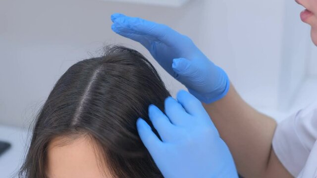 Doctor trichologist examines woman patient hairs in clinic on consultation, closeup view. Trichologist appointment, hair problems: hair loss, baldness, thin split ends. Cosmetology procedure for hair.