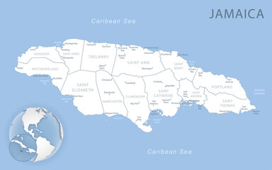 Blue-gray detailed map of Jamaica administrative divisions and location on the globe.