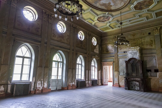 2020 july 02, Ukraine: Interior of old abandoned palace in Sharivka, Kharkiv region