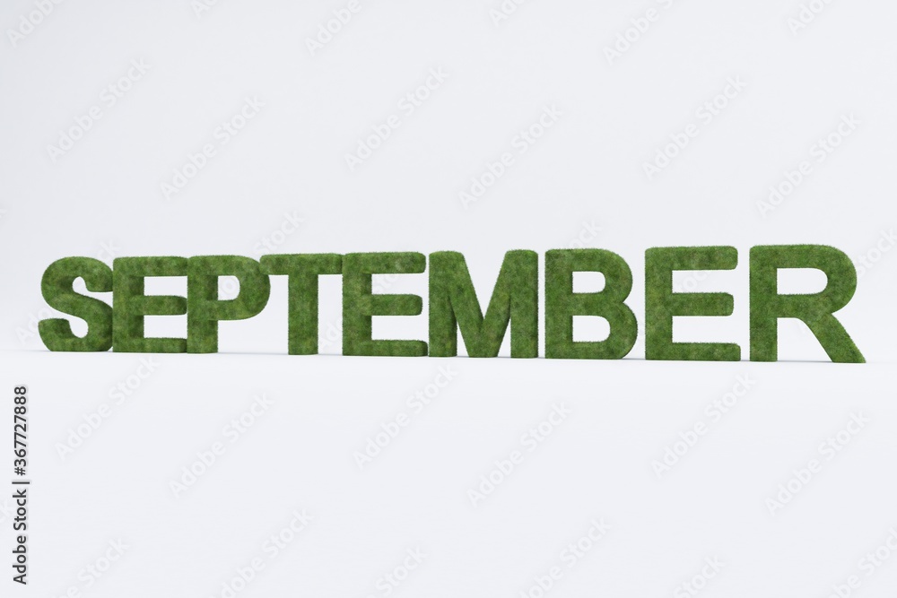 Poster 3d rendering of green grass september word isolated on white background