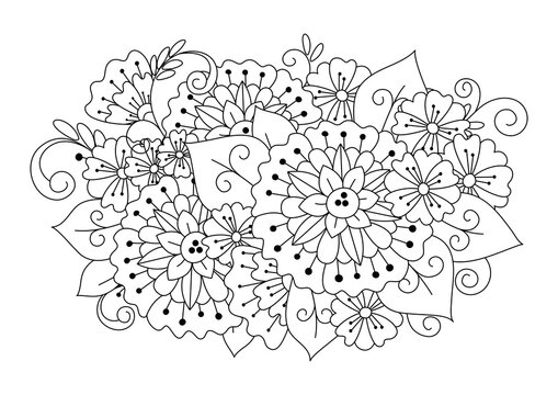 Black and white floral ornament. Coloring page for children and adults. Vector monochrome background.