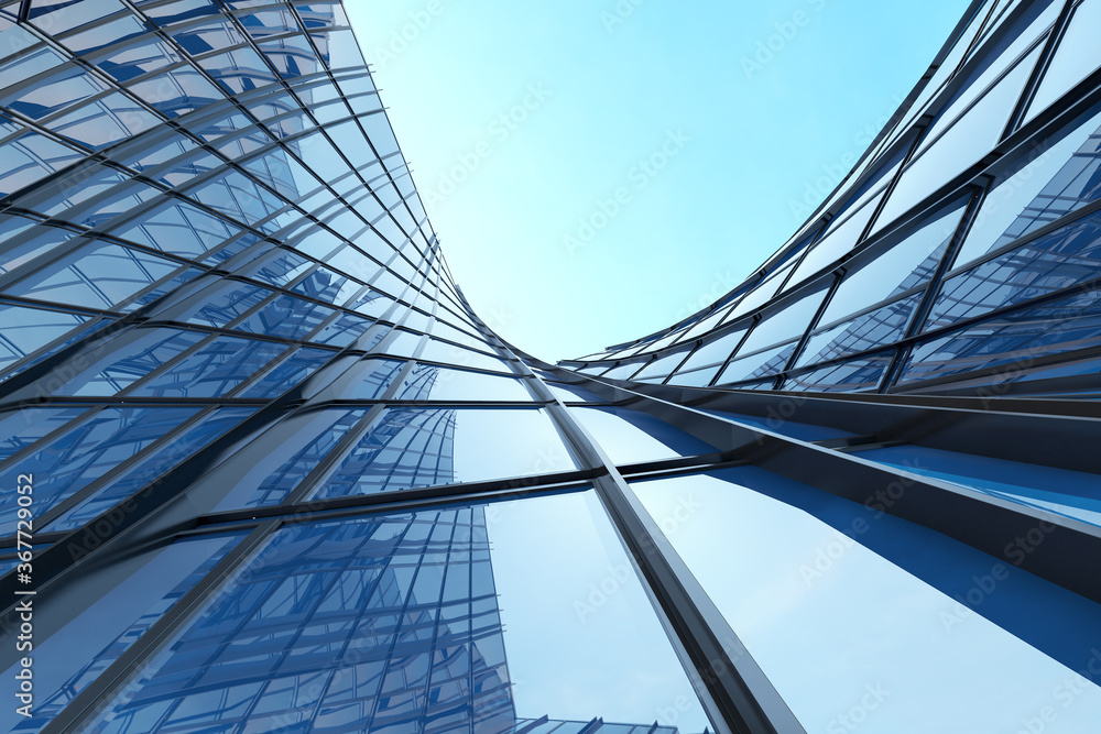 Fototapete abstract futuristic architecture, skyscraper of curve glass office building. 3d render.