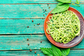 Pasta with herbal sauce.