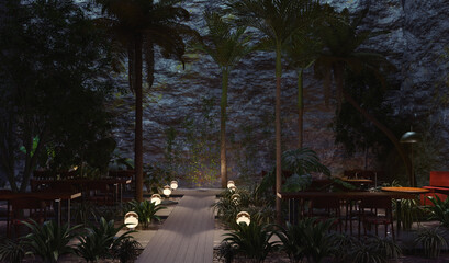 3d rendering concept scene with restaurant built in natural cave with plants. Open source Blender app project