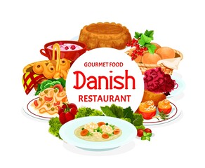 Danish food cuisine buffet meals, menu dishes, vector traditional Scandinavian dinner and lunch. Danish chicken, apple casserole pastry, sweet cereals with raspberries cabbage and vermicelli salad