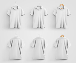 Template of white men's polo t-shirt; hanging on different hangers, front and back views, for presentation of design and advertising in an online store.