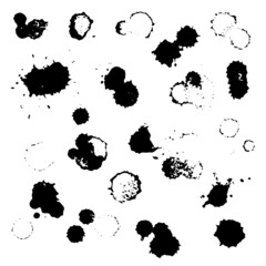 Grunge vector set of ink splashes and drops. Blots splatter black white silhouette illustrations collection