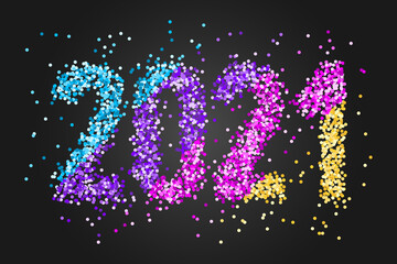 Happy New Year Banner with colored confetti numbers 2021 on black background. Greeting for flyers, postcards, posters, banners and social media.