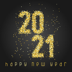 Happy New Year Banner with golden glittering numbers 2021 and with greeting text on black background. Greeting for flyers, postcards, posters, banners and social media.