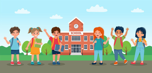 Obraz na płótnie Canvas Children walking to school, cute colorful characters. Vector illustration in flat style