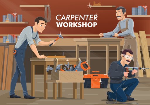 Carpenter and woodworker workers in workshop, vector woodwork craftsman. Carpenter woodworker and joiner with carpentry tools, saw, hammer and electric drill, plane grinder and wrench in toolbox