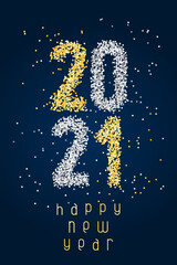 Happy New Year Banner with golden and silver glittering numbers 2021 and with greeting text on blue background. Greeting for flyers, postcards, posters, banners and social media.