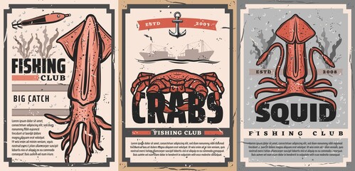 Fishing seafood, fisher sea sport club, vector retro vintage posters. Seafood squid and crab big catch tournament fishing rod bait and lures, ship anchor and ocean waves © Vector Tradition