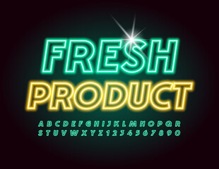 Vector quality logo Fresh Product. Green Neon Font. Electric light Alphabet Letters and Numbers