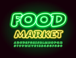 Vector bright Sign Food Market. Glowing Green Font. Neon Alphabet Letters and Numbers.