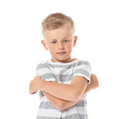 Sad little boy with autistic disorder on white background