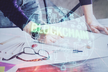 Businessman with hands background. Crypto currency concept.