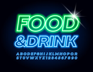 Vector Neon sign Food & Drink for Cafe, Store, Bistro. Blue electric Font. Glowing Alphabet Letters and Numbers