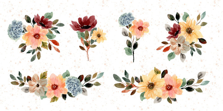 Autumn Fall Floral Bouquet Watercolor Collection