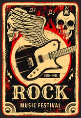 Rock music poster with skull and electric guitar on wings, vector grunge red design. Hard rock music concert and heavy mental band festival, punk skull in fire flame, notes and guitar loudspeakers