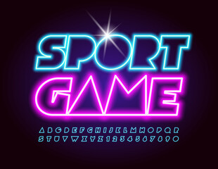 Vector neon banner Sport Game. Abstract glowing Font. Creative electric Alphabet Letters and Numbers