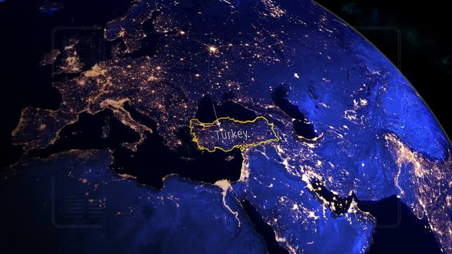 Flight from Moscow,Russia to Turkey.Turkey opens borders for tourists.Airplane trip on the map.HUD with digital data code.Good for tourist company, airways advertisement.