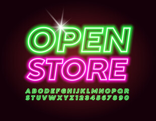 Vector business signboard Open Store. Green Neon Font. Electric light Alphabet Letters and Numbers