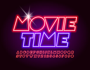 Vector event flyer Movie Time. Red Neon Font. Abstract Glowing Alphabet Letters and Numbers