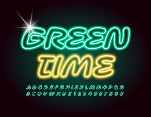 Vector Neon sign Green Time. Handwritten electric Font. Glowing creative Alphabet Letters and Numbers
