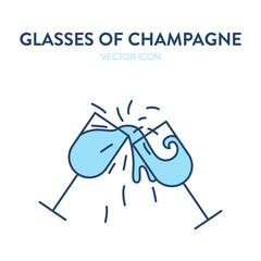 Two champagne glasses clinking icon. Vector illustration of two glasses filled with wine clinking and splashes, sparkles and drops all around. Concept of holiday event, party, celebration