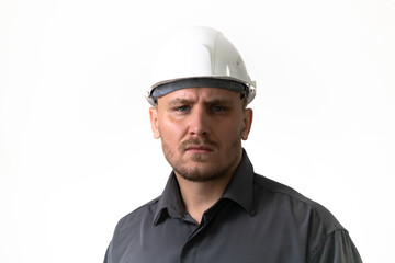 A man in a white helmet on a white background.