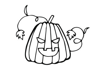 Doodle spooky pumpkin. Helloween design element. Hand drawn line art for print, web, sticker, greeting card, coloring book page. Vector isolated on white.