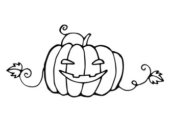 Doodle smiling pumpkin. Helloween design element. Hand drawn line art for print, web, sticker, greeting card, coloring book page. Vector isolated on white.