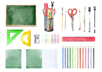 Big Back to School collection with different stationery, tools, black board, copybooks. Hand drawn watercolour painting, clip art elements for design. Isolated objects on white background.