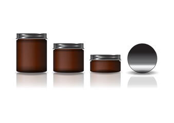 Set of 3 sizes brown cosmetic round jar with black lid for beauty or healthy product. Isolated on white background with reflection shadow. Ready to use for package design. Vector illustration.
