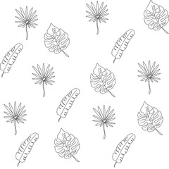 Line art seamless pattern illustration Exotic palm leaves Jungle Tropic elements, Aloha Black on white background, Hand drawn For Web Wallpapers, Fabric Textile Paper Invitation Greeting card other.