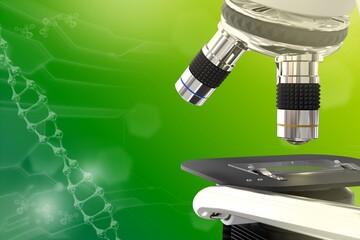 Medical development concept, laboratory electronic scientific microscope on colorful overlay background - medical 3D illustration