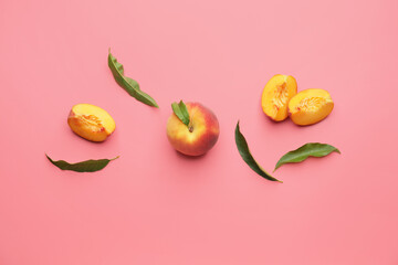 Ripe peaches on color background