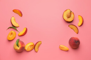 Ripe peaches on color background