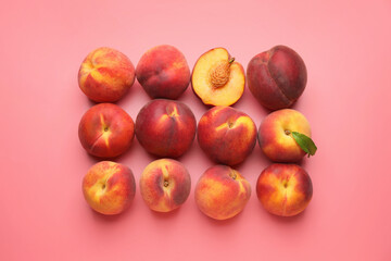 Many ripe peaches on color background
