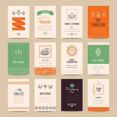 Thanksgiving poster, family dinner invitation, greeting card, menu templates. Hand drawn traditional symbols, cute design elements, handwritten ink lettering, thin line icons, tribal geometric signs.