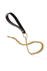 Detailed shot of a golden chain leash with lobster clasp and black loop handle. The cosplay accessory is isolated on the white background. 
