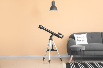 Interior of modern room with telescope