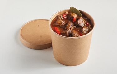 Takeaway tub of delicious German beef goulash