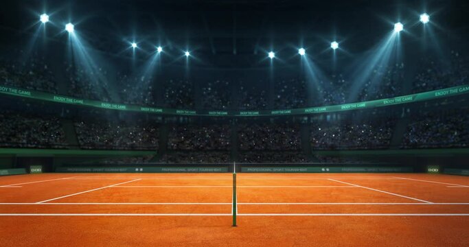 Tennis video background with orange clay surface at side referee perspective. Sport building full of fans as 4k loop animation.
