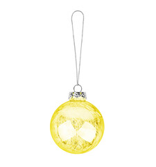 Yellow transparent glass ball hanging on thread white background isolated close up, golden Сhristmas tree decoration, shiny round bauble, traditional new year holiday decor design element, xmas toy
