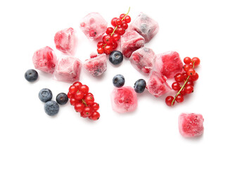 Ice with frozen berries on white background