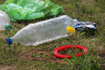 Saving the planet Earth nature and environment from pollution of plastic. dandelion sprout and bottle on the green grass